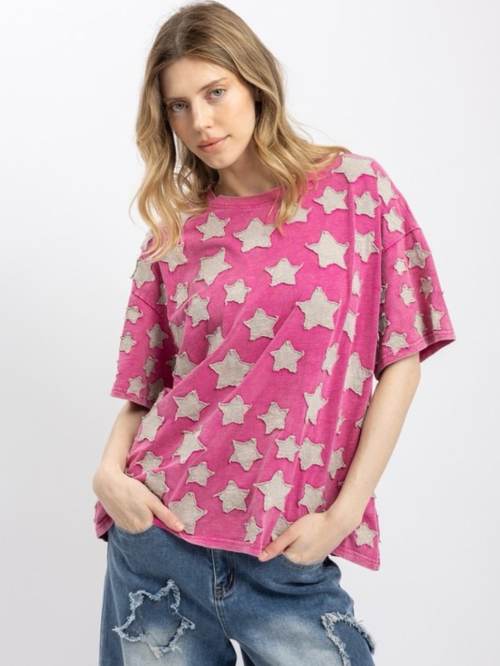 Women's Pink Star Patchwork Short Sleeve Top OVERSIZED